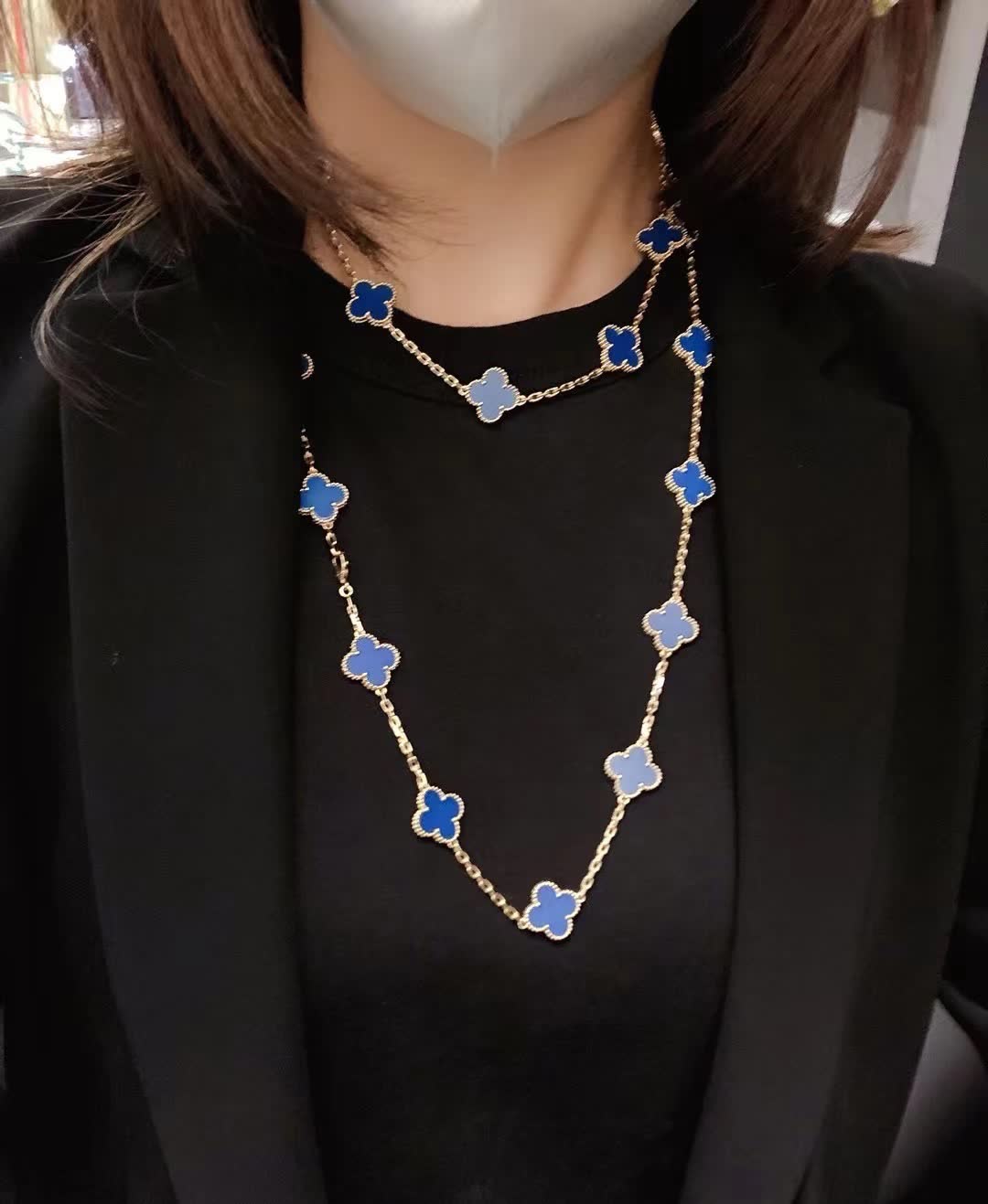 Van Cleef & Arpels Vintage Alhambra Blue Enamel Gold Necklace